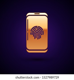 Gold Smartphone with fingerprint scanner icon isolated on dark blue background. Concept of security, personal access via finger on mobile phone.  Vector Illustration