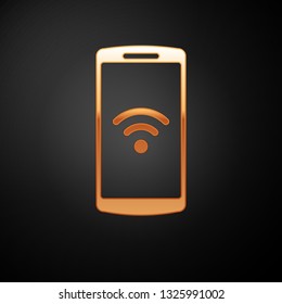 Gold Smartphone with free wi-fi wireless connection icon on black background. Wireless technology, wi-fi connection, wireless network, hotspot concepts. Vector Illustration
