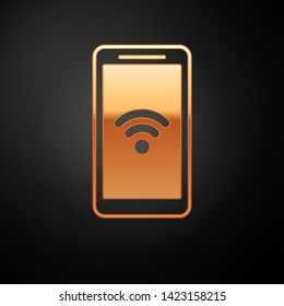 Gold Smartphone with free wi-fi wireless connection icon isolated on black background. Wireless technology, wi-fi connection, wireless network. Vector Illustration