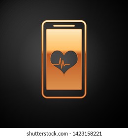 Gold Smartphone with heart rate monitor function icon isolated on black background. Vector Illustration