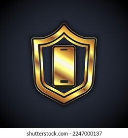 Gold Smartphone, mobile phone with security shield icon isolated on black background. Security, safety, protection concept.  Vector