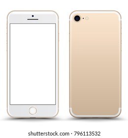 Gold Smartphone Mockup with Blank Screen Isolated. Realistic Front and Back View For Print, Web, Application. High Detailed Device Mock Up Separate Groups and Layers. Easily Editable Vector.