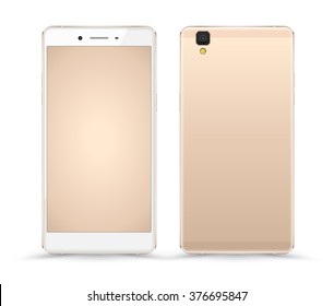 Gold smartphone mockups. Vector illustration. Can use for element on printing and web. Place apps, game, website on screen for demo.