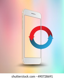 Gold smartphone perspective transparent screen mock-up with circle arrow on abstract background. Highly detailed vector illustration.
