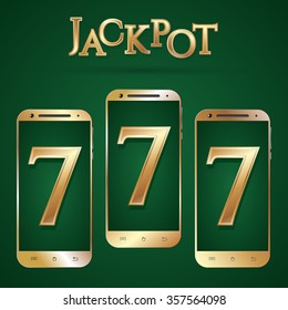 Gold smartphone template. Golden smart phones isolated. Realistic mobile phone. Casino jackpot symbol. Gold text jackpot number 777. Internet casino games. Vector illustration.