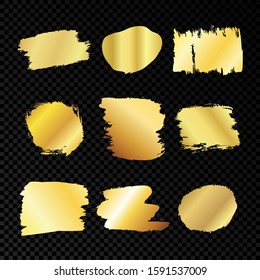 Gold smears on dark transparent background. Set of nine paint brush strokes. Grunge design element. Vector illustration.
