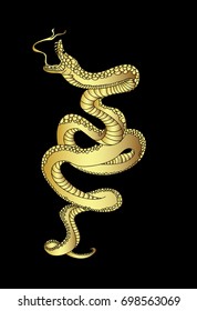 Gold snake cobra tattoo style on black background.