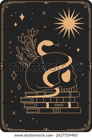 Gold snake resting on a human skull atop a stack of books, with flowers blooming under a starry sky, creating a mystical atmosphere ideal for tarot and occult themes