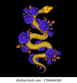 Gold snake and roses illustration. Vector illustration. Hand drawn illustration for t-shirt print, fabric and other uses