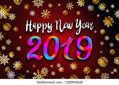 Gold snow 2019 happy new year on the snowflakes background. vector illustration Inflatable Gold Numbers on the red Background