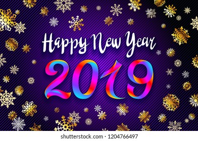 Gold snow 2019 happy new year on the snowflakes background. vector illustration Inflatable Gold Numbers on the violet Background