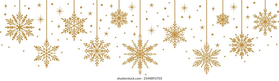 Gold snow banner, vector snowflake decorative header, winter holiday background design