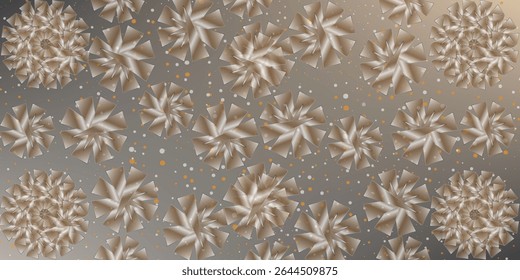 Gold Snow Falling on Black Background. Golden Snowflakes. Luxury Festive Background for your Christmas and New Year Design of Banners, Cards, Posters, Wallpaper. Winter Frost Print. Holiday Frame.
