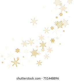 Gold Snow Falling on Black Background. Golden Snowflakes. Luxury Festive Background for your Christmas and New Year Design of Banners, Cards, Posters, Wallpaper. Winter Frost Print. Holiday Frame.