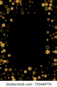Gold Snow Falling on Black Background. Golden Snowflakes. Luxury Festive Background for your Christmas and New Year Design of Banners, Cards, Posters, Wallpaper. Winter Frost Print. Holiday Frame. 