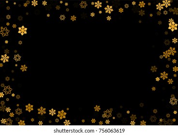 Gold Snow Falling on Black Background. Golden Snowflakes. Luxury Festive Background for your Christmas and New Year Design of Banners, Cards, Posters, Wallpaper. Winter Frost Print. Holiday Frame. 