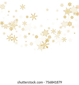 Gold Snow Falling on Black Background. Golden Snowflakes. Luxury Festive Background for your Christmas and New Year Design of Banners, Cards, Posters, Wallpaper. Winter Frost Print. Holiday Frame.