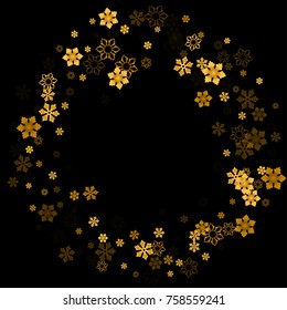 Gold Snow Falling on Black Background. Golden Snowflakes. Luxury Festive Background for your Christmas and New Year Design of Banners, Cards, Posters, Wallpaper. Winter Frost Print. Holiday Frame. 