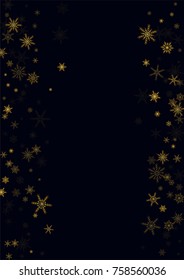 Gold Snow Falling on Black Background. Golden Snowflakes. Luxury Festive Background for your Christmas and New Year Design of Banners, Cards, Posters, Wallpaper. Winter Frost Print. Holiday Frame.