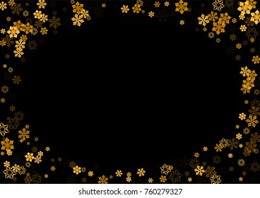 Gold Snow Falling on Black Background. Golden Snowflakes. Luxury Festive Background for your Christmas and New Year Design of Banners, Cards, Posters, Wallpaper. Winter Frost Print. Holiday Frame. 