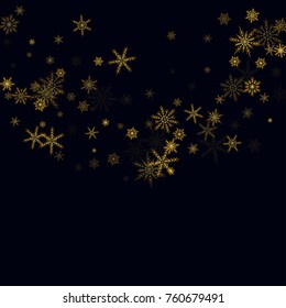 Gold Snow Falling on Black Background. Golden Snowflakes. Luxury Festive Background for your Christmas and New Year Design of Banners, Cards, Posters, Wallpaper. Winter Frost Print. Holiday Frame.