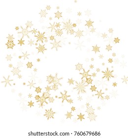 Gold Snow Falling on Black Background. Golden Snowflakes. Luxury Festive Background for your Christmas and New Year Design of Banners, Cards, Posters, Wallpaper. Winter Frost Print. Holiday Frame.