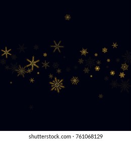 Gold Snow Falling on Black Background. Golden Snowflakes. Luxury Festive Background for your Christmas and New Year Design of Banners, Cards, Posters, Wallpaper. Winter Frost Print. Holiday Frame.