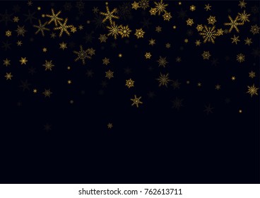 Gold Snow Falling on Black Background. Golden Snowflakes. Luxury Festive Background for your Christmas and New Year Design of Banners, Cards, Posters, Wallpaper. Winter Frost Print. Holiday Frame.