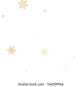 Gold Snow Falling on Black Background. Golden Snowflakes. Luxury Festive Background for your Christmas and New Year Design of Banners, Cards, Posters, Wallpaper. Winter Frost Print. Holiday Frame.