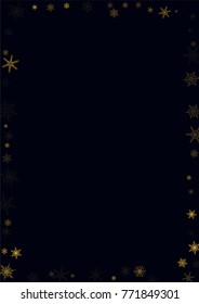 Gold Snow Falling on Black Background. Golden Snowflakes. Luxury Festive Background for your Christmas and New Year Design of Banners, Cards, Posters, Wallpaper. Winter Frost Print. Holiday Frame.