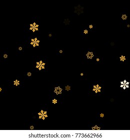 Gold Snow Falling on Black Background. Golden Snowflakes. Luxury Festive Background for your Christmas and New Year Design of Banners, Cards, Posters, Wallpaper. Winter Frost Print. Holiday Frame. 