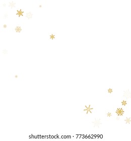 Gold Snow Falling on Black Background. Golden Snowflakes. Luxury Festive Background for your Christmas and New Year Design of Banners, Cards, Posters, Wallpaper. Winter Frost Print. Holiday Frame.