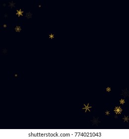 Gold Snow Falling on Black Background. Golden Snowflakes. Luxury Festive Background for your Christmas and New Year Design of Banners, Cards, Posters, Wallpaper. Winter Frost Print. Holiday Frame.