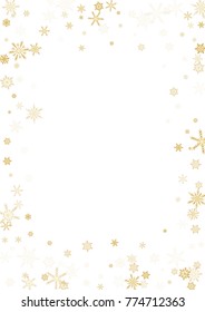 Gold Snow Falling on Black Background. Golden Snowflakes. Luxury Festive Background for your Christmas and New Year Design of Banners, Cards, Posters, Wallpaper. Winter Frost Print. Holiday Frame.