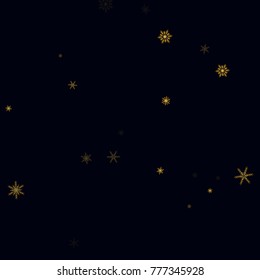 Gold Snow Falling on Black Background. Golden Snowflakes. Luxury Festive Background for your Christmas and New Year Design of Banners, Cards, Posters, Wallpaper. Winter Frost Print. Holiday Frame.