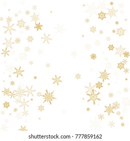 Gold Snow Falling on Black Background. Golden Snowflakes. Luxury Festive Background for your Christmas and New Year Design of Banners, Cards, Posters, Wallpaper. Winter Frost Print. Holiday Frame.