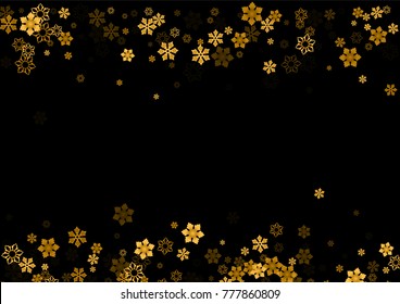 Gold Snow Falling on Black Background. Golden Snowflakes. Luxury Festive Background for your Christmas and New Year Design of Banners, Cards, Posters, Wallpaper. Winter Frost Print. Holiday Frame. 