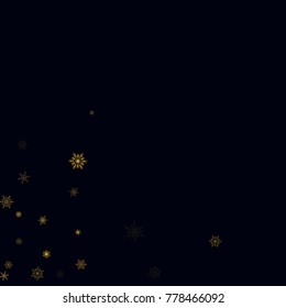 Gold Snow Falling on Black Background. Golden Snowflakes. Luxury Festive Background for your Christmas and New Year Design of Banners, Cards, Posters, Wallpaper. Winter Frost Print. Holiday Frame.