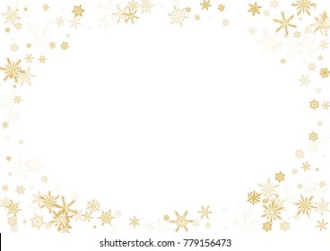 Gold Snow Falling on Black Background. Golden Snowflakes. Luxury Festive Background for your Christmas and New Year Design of Banners, Cards, Posters, Wallpaper. Winter Frost Print. Holiday Frame.