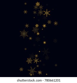 Gold Snow Falling on Black Background. Golden Snowflakes. Luxury Festive Background for your Christmas and New Year Design of Banners, Cards, Posters, Wallpaper. Winter Frost Print. Holiday Frame.