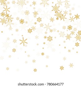 Gold Snow Falling on Black Background. Golden Snowflakes. Luxury Festive Background for your Christmas and New Year Design of Banners, Cards, Posters, Wallpaper. Winter Frost Print. Holiday Frame.