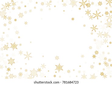 Gold Snow Falling on Black Background. Golden Snowflakes. Luxury Festive Background for your Christmas and New Year Design of Banners, Cards, Posters, Wallpaper. Winter Frost Print. Holiday Frame.