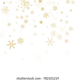 Gold Snow Falling on Black Background. Golden Snowflakes. Luxury Festive Background for your Christmas and New Year Design of Banners, Cards, Posters, Wallpaper. Winter Frost Print. Holiday Frame.