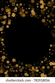 Gold Snow Falling on Black Background. Golden Snowflakes. Luxury Festive Background for your Christmas and New Year Design of Banners, Cards, Posters, Wallpaper. Winter Frost Print. Holiday Frame. 