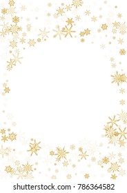 Gold Snow Falling on Black Background. Golden Snowflakes. Luxury Festive Background for your Christmas and New Year Design of Banners, Cards, Posters, Wallpaper. Winter Frost Print. Holiday Frame.