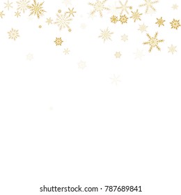 Gold Snow Falling on Black Background. Golden Snowflakes. Luxury Festive Background for your Christmas and New Year Design of Banners, Cards, Posters, Wallpaper. Winter Frost Print. Holiday Frame.