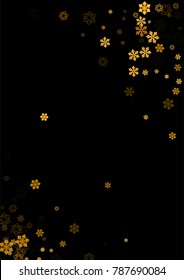 Gold Snow Falling on Black Background. Golden Snowflakes. Luxury Festive Background for your Christmas and New Year Design of Banners, Cards, Posters, Wallpaper. Winter Frost Print. Holiday Frame. 