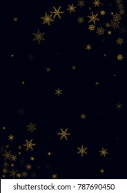 Gold Snow Falling on Black Background. Golden Snowflakes. Luxury Festive Background for your Christmas and New Year Design of Banners, Cards, Posters, Wallpaper. Winter Frost Print. Holiday Frame.