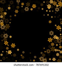 Gold Snow Falling on Black Background. Golden Snowflakes. Luxury Festive Background for your Christmas and New Year Design of Banners, Cards, Posters, Wallpaper. Winter Frost Print. Holiday Frame. 