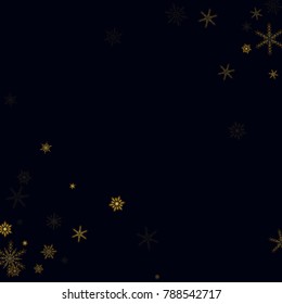 Gold Snow Falling on Black Background. Golden Snowflakes. Luxury Festive Background for your Christmas and New Year Design of Banners, Cards, Posters, Wallpaper. Winter Frost Print. Holiday Frame.